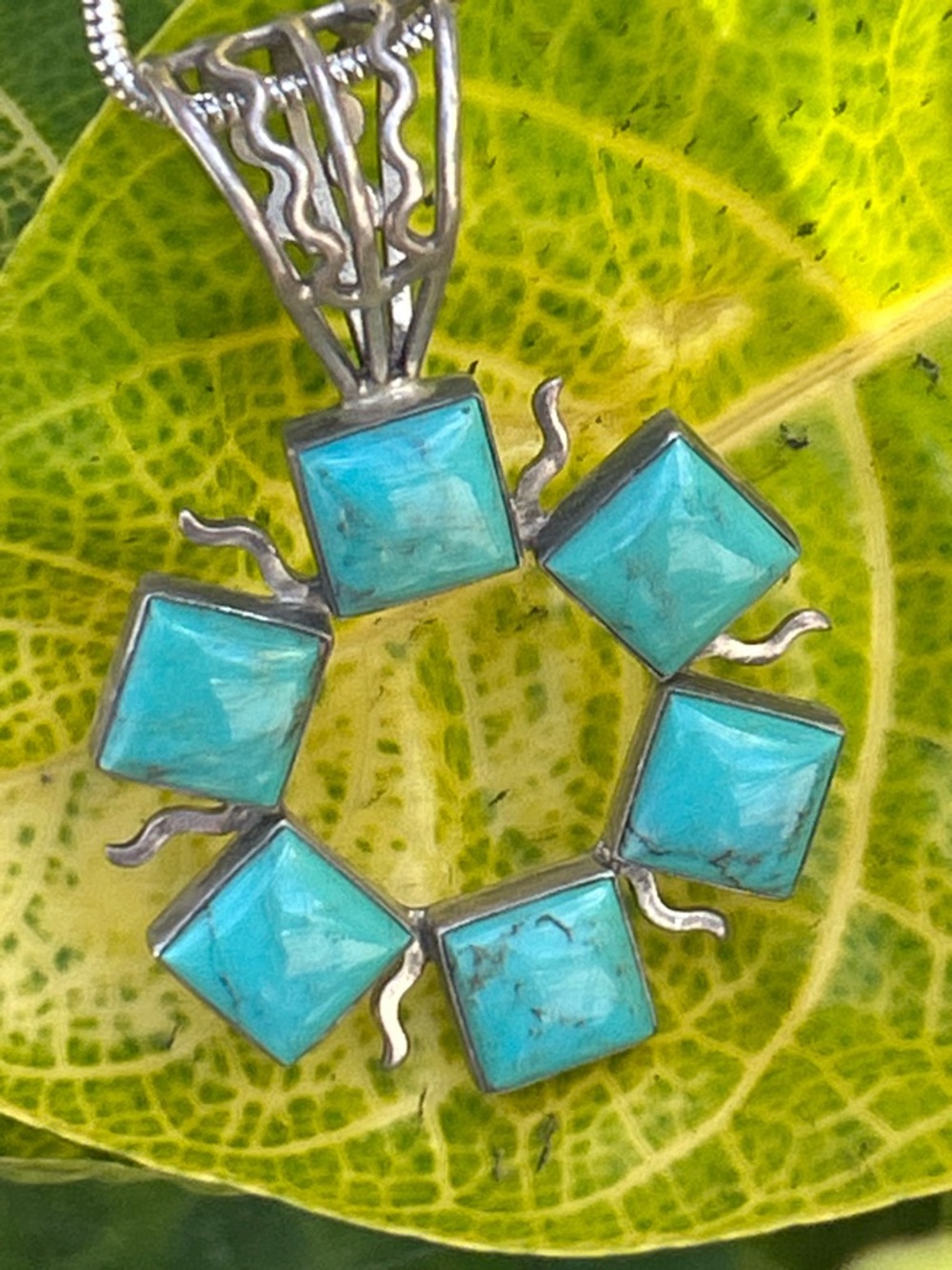 Vintage sterling silver jay king Turquoise Square Halo Pendant Necklace 19.50”